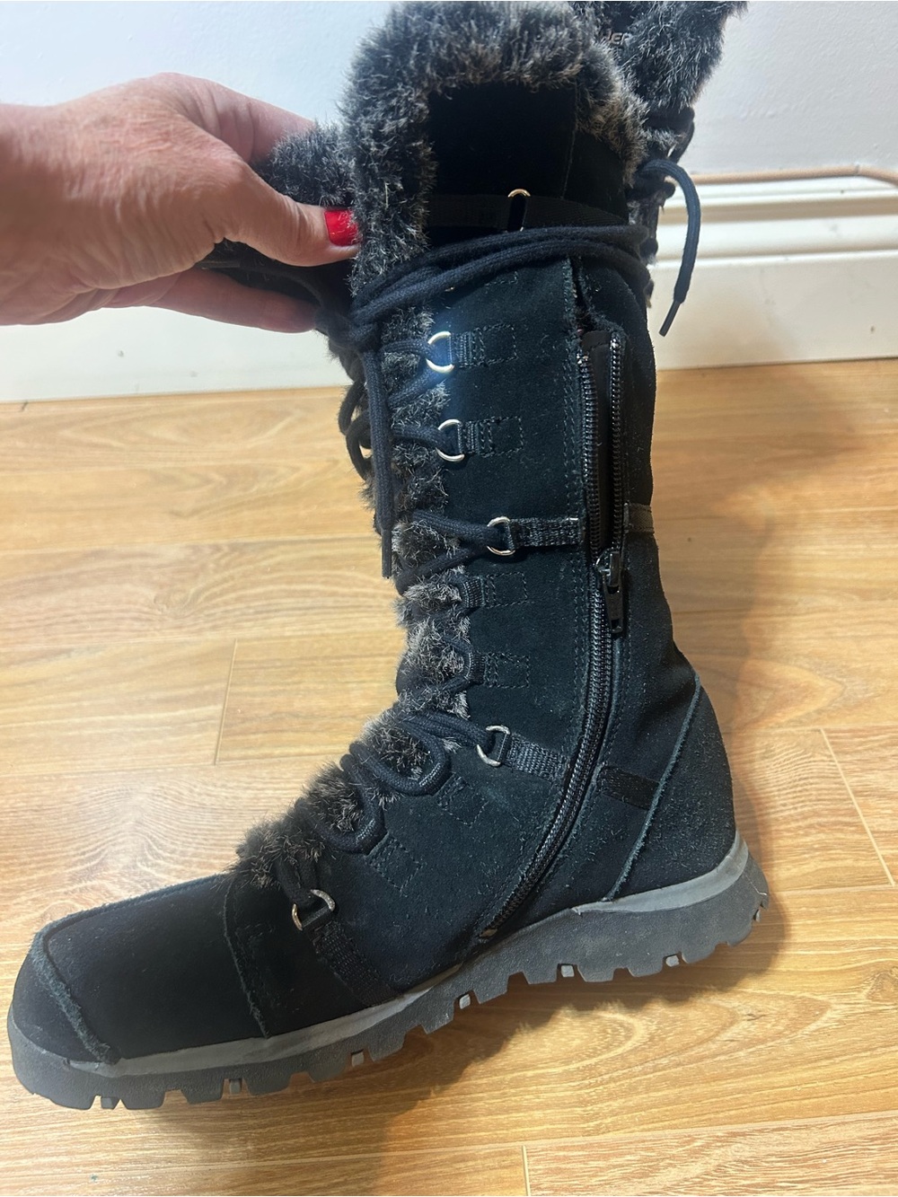 Skechers Black Suède Faux-Fur Lace-Up Tall winter Boots❤️9 - Picture 8 of 15